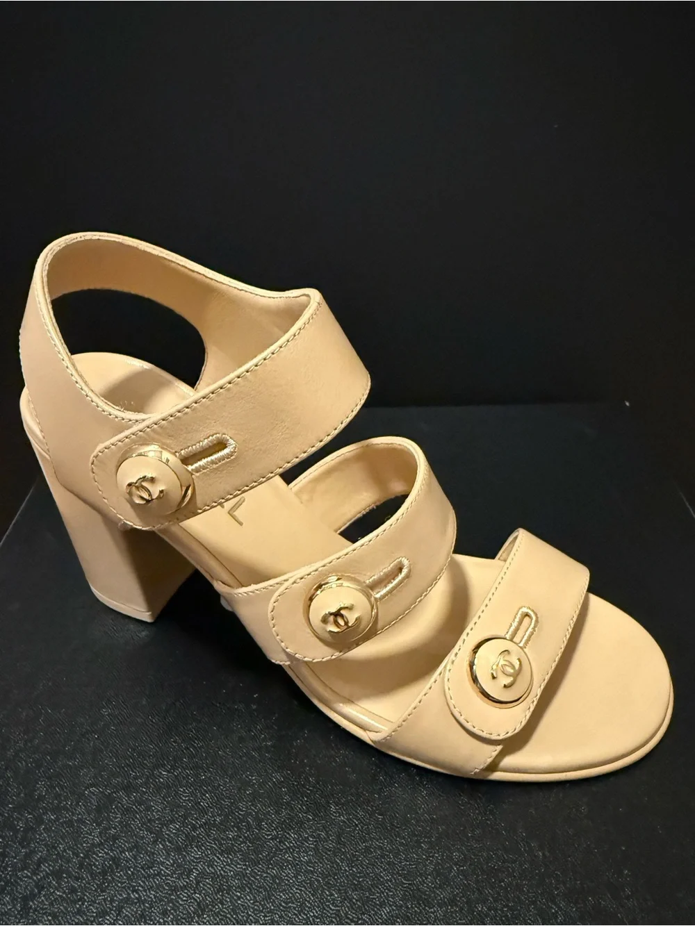 CHANEL Beige Triple-Strap Block Heel Sandals with Gold CC Buttons